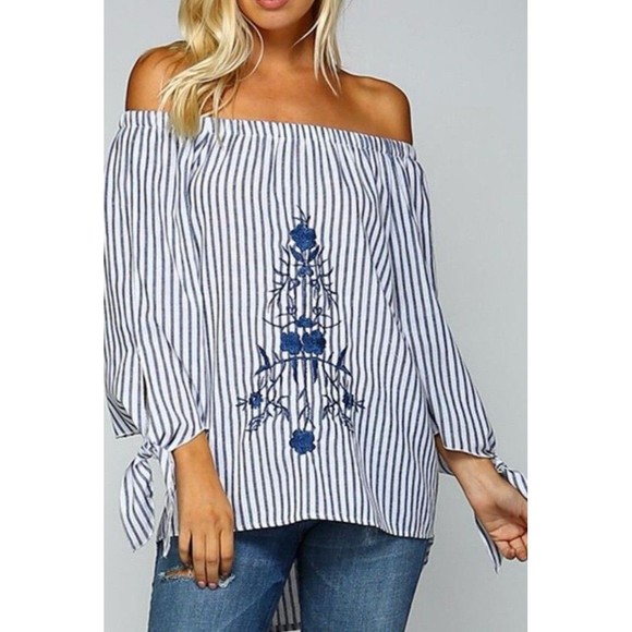 JJ’s Fairyland Tops - JJ’s Fairyland Women's Off Shoulder Blouse Striped Floral Embroider Size Medium